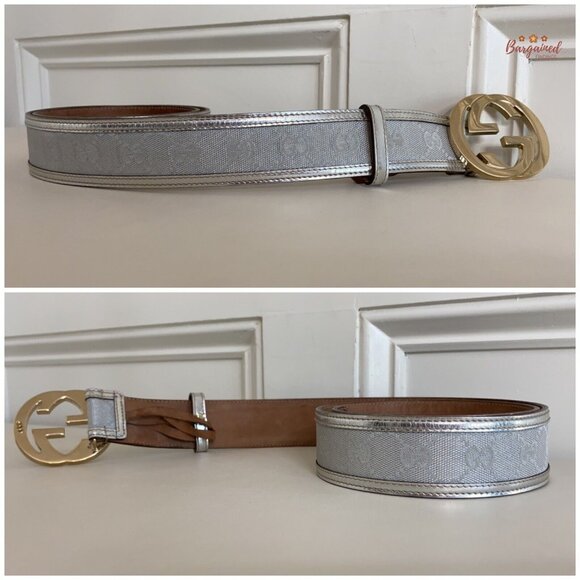 Auth Gucci Silver Monogram Canvas Leather Gold Interlocking G Buckle Belt 90/36 main image 13